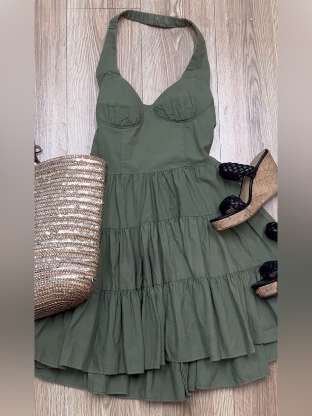 DBA LA Vintage 80s Mini Dress Green Bustier Tiered Halter Mini Dress